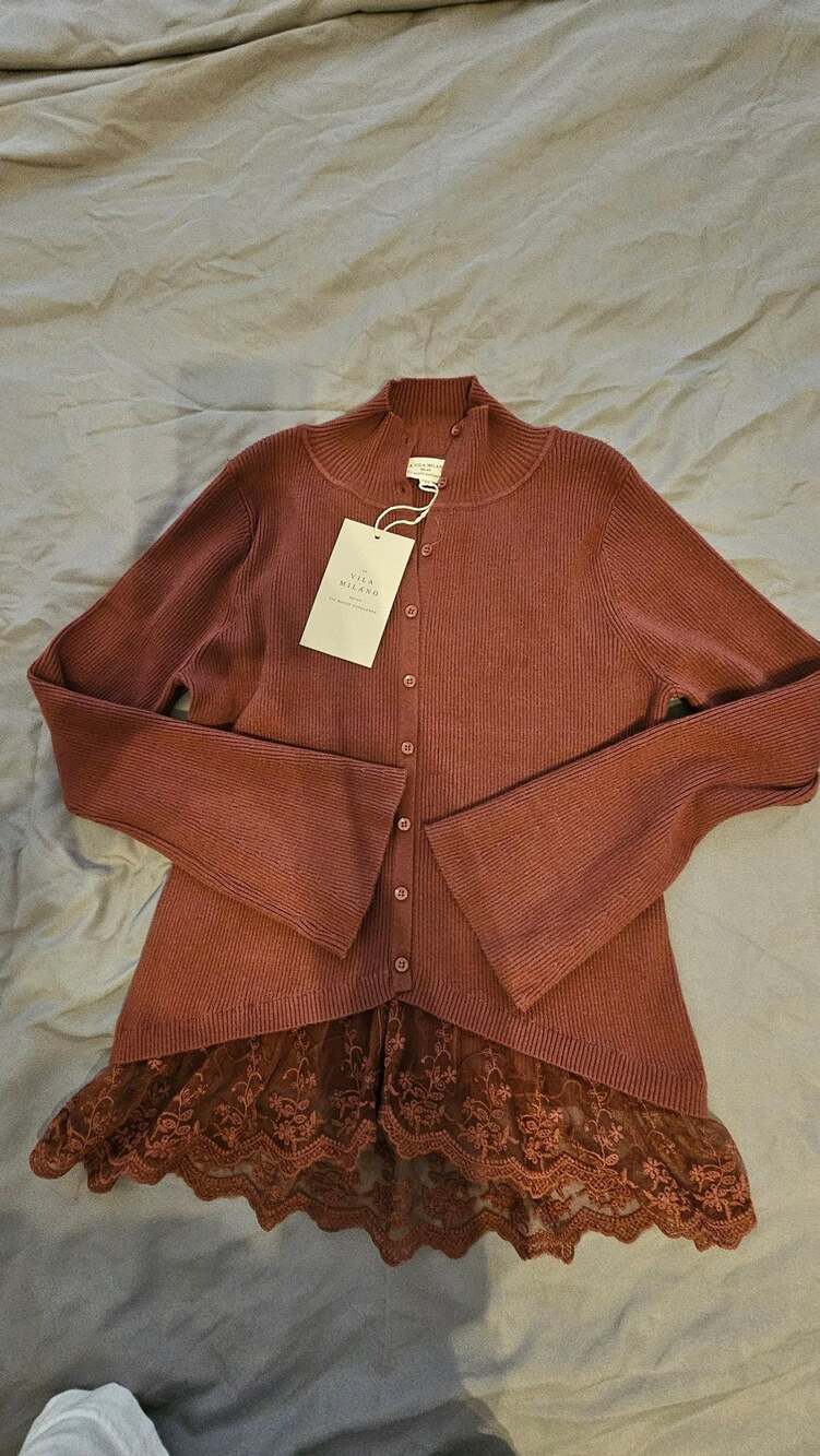 NWT La Vila Milano Lace Trim Cardigan Sweater Brown XS